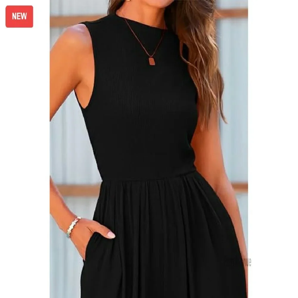 Sleeveless Mock Neck Wide Leg Jumpsuit with Pockets - Ribbed Knit